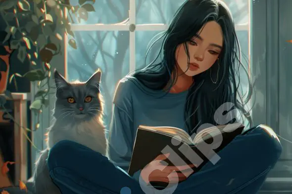 Girl Reading with Cat