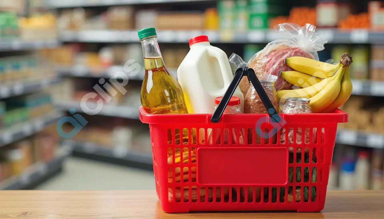 Grocery Basket with Food Staples in a Supermarket Aisle
