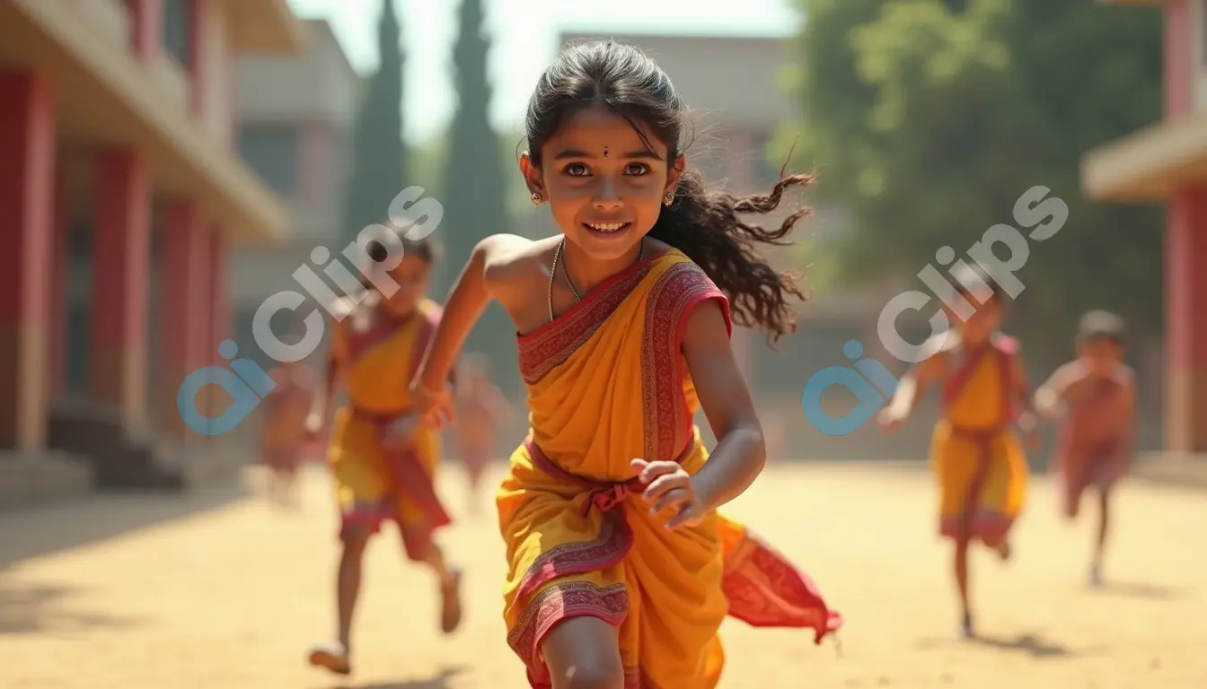 Joyful Indian Girls Running in Schoolyard