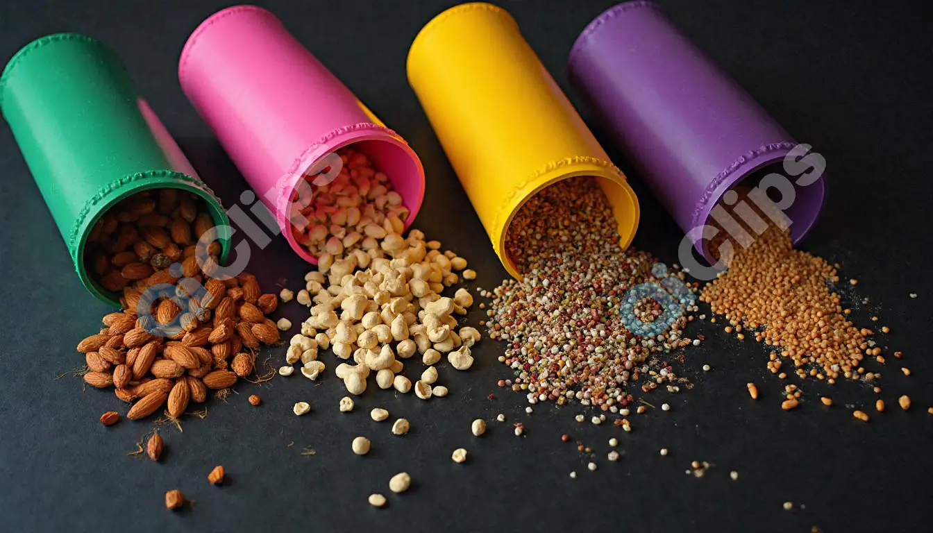 Colorful Cylinders Spilling Almonds, Cashews, and Seeds