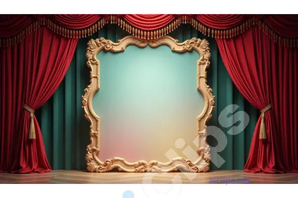 Elegant Theater Stage with Ornate Frame and Red Curtain