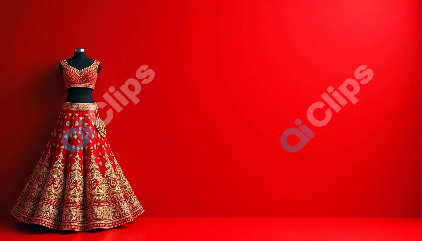 Ornate Red Lehenga on Mannequin Against Rich Red Background