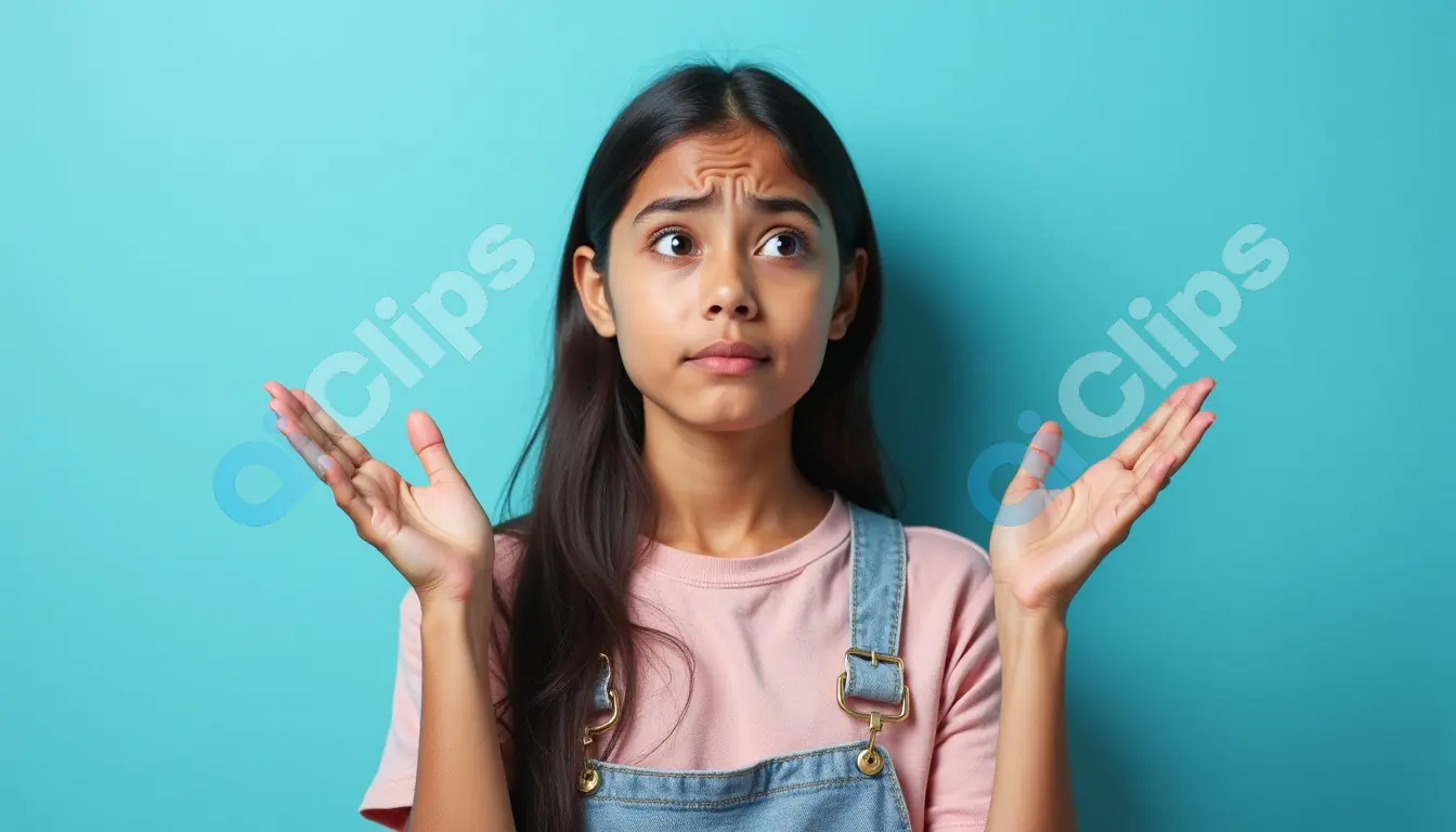 Confused Young Girl on Blue Background
