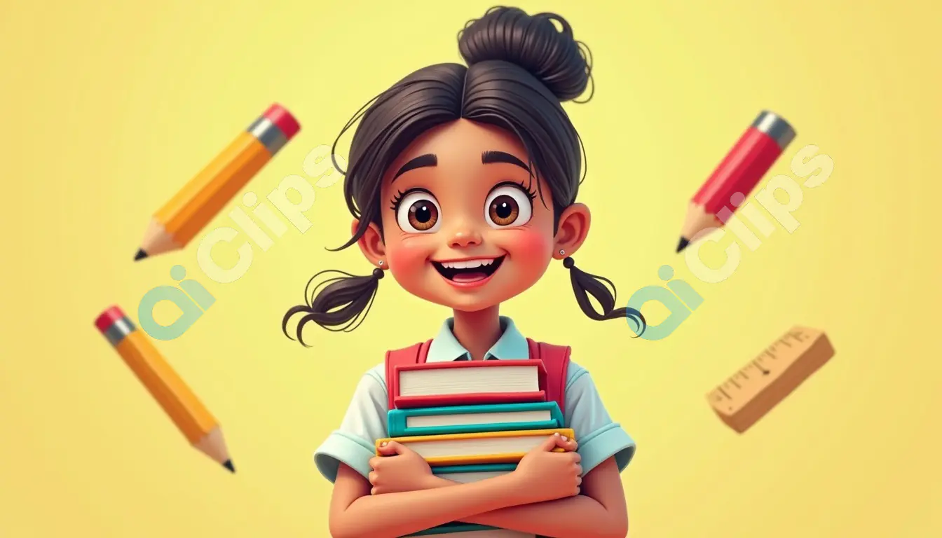 Excited Schoolgirl with Books - Cheerful Educational Illustration