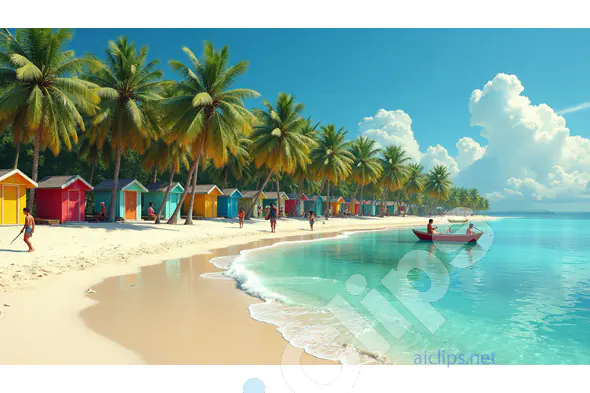Tropical Beach Scene with Colorful Beach Huts