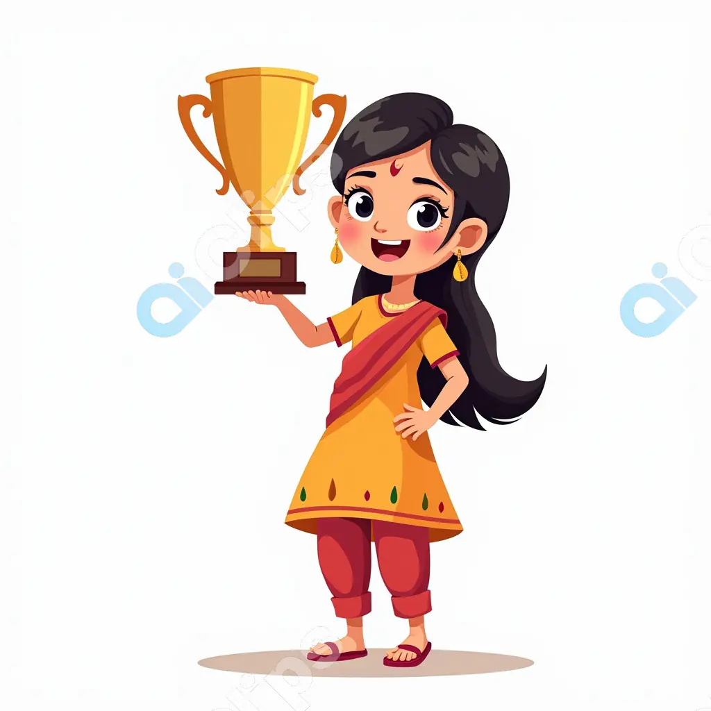 Happy Indian Girl Holding a Trophy Vector Illustration