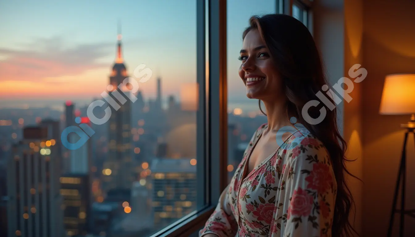 Smiling Woman Enjoying Cityscape View at Sunset
