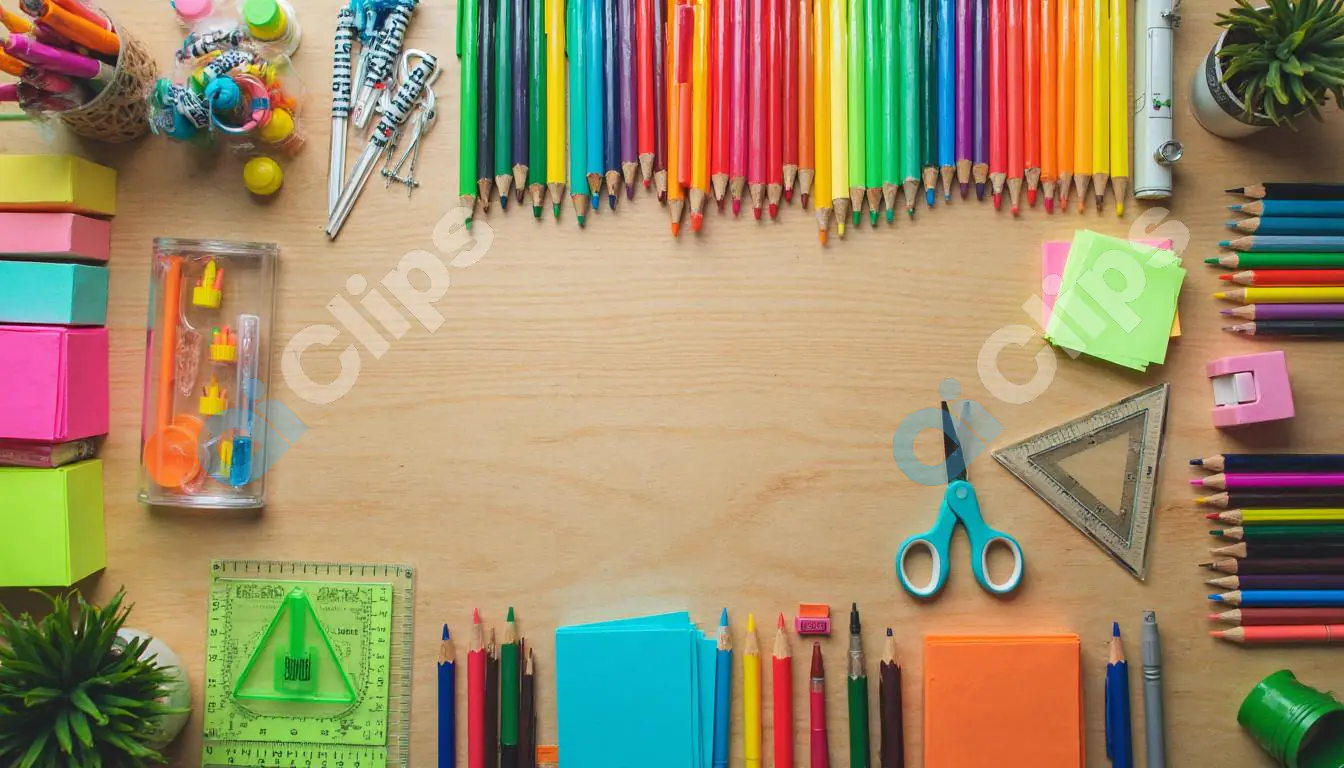 Colorful Stationery and School Supplies on Wooden Desk
