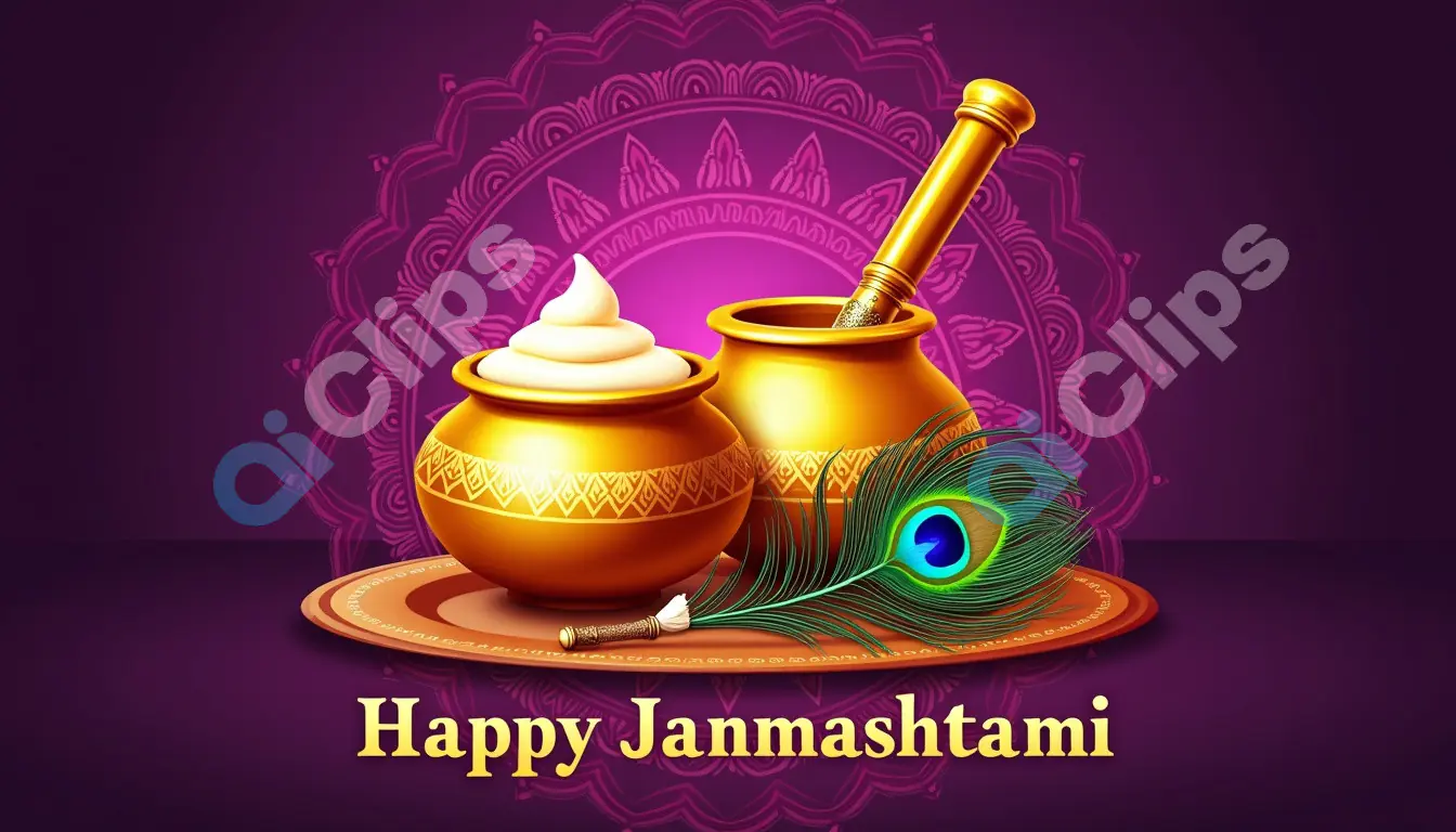 Janmashtami Greeting with Traditional Pot and Peacock Feather