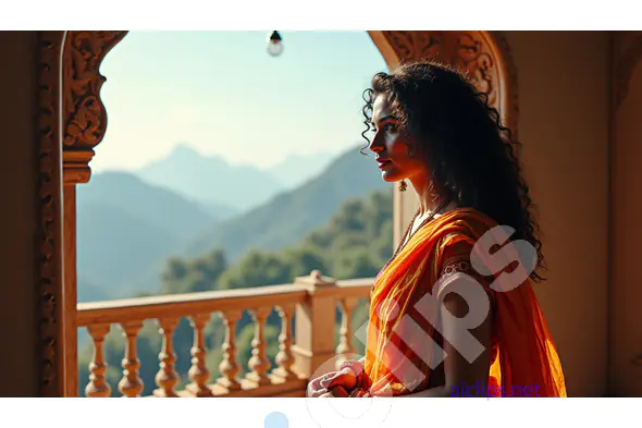 Woman in Traditional Indian Attire Admiring Mountain View