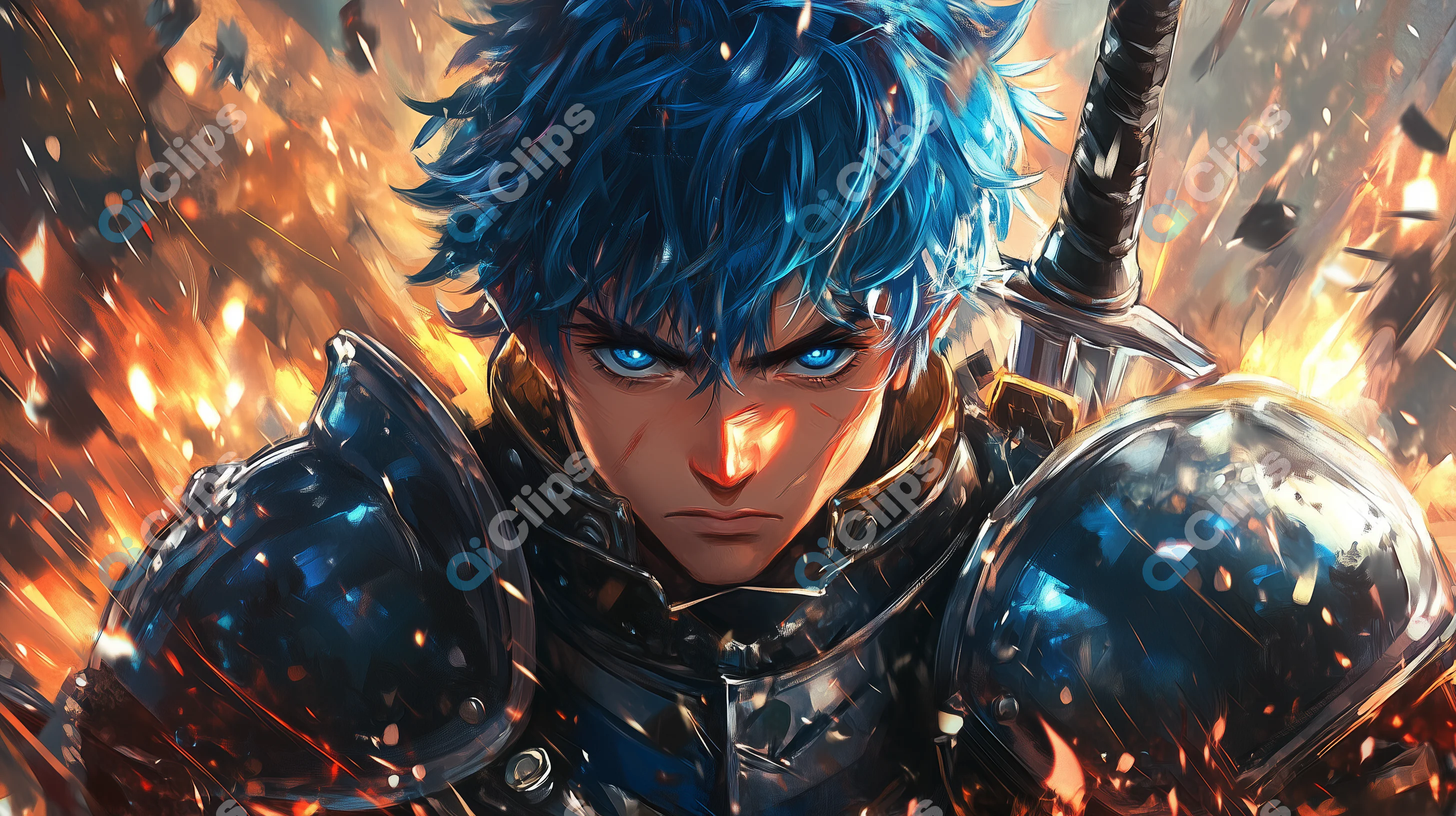 Intense Blue-Haired Anime Warrior