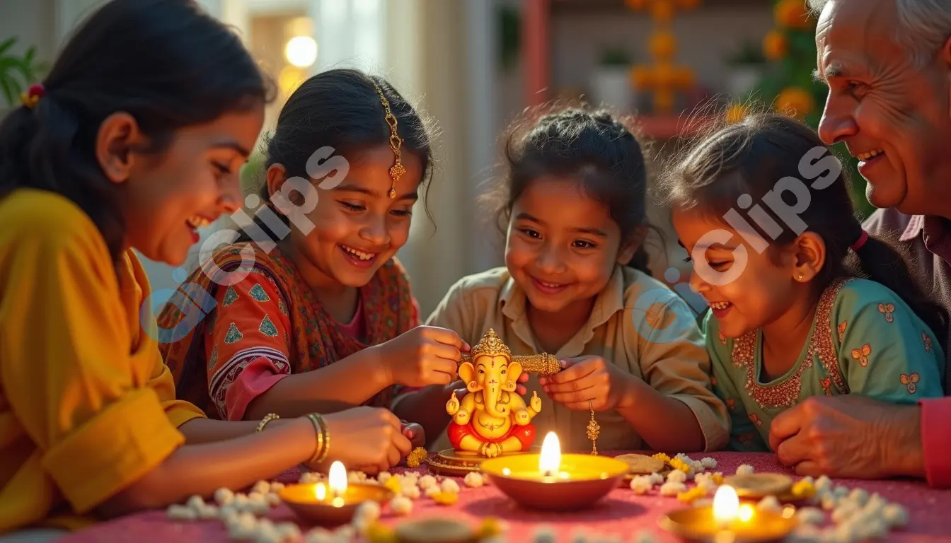 Family Celebrating Ganesh Chaturthi with Joyful Rituals