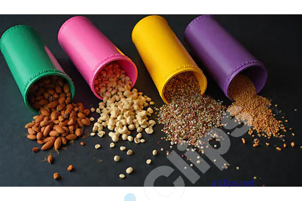Colorful Cylinders Spilling Almonds, Cashews, and Seeds