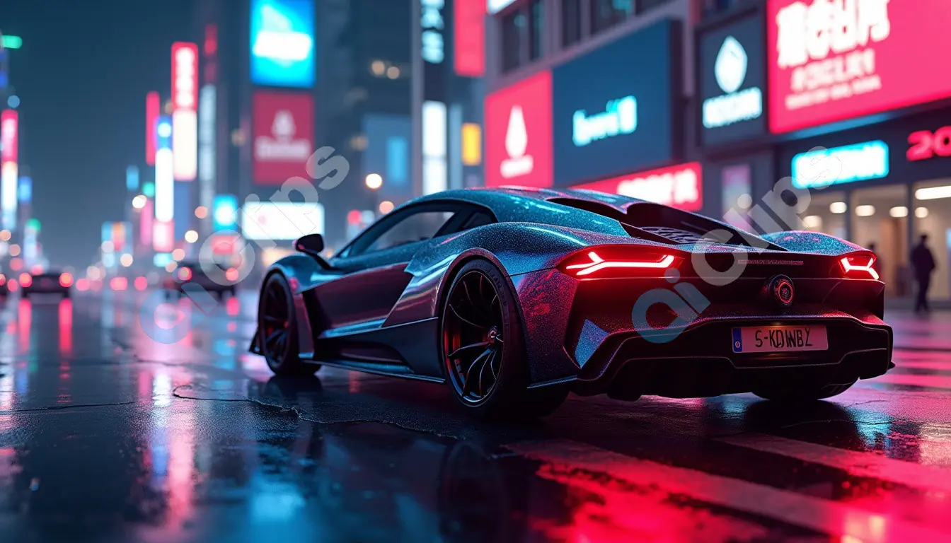 Futuristic Supercar on Neon-Illuminated Wet Streets