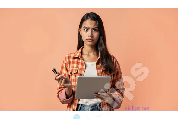 Confused Woman Holding Credit Card and Tablet on Peach Background