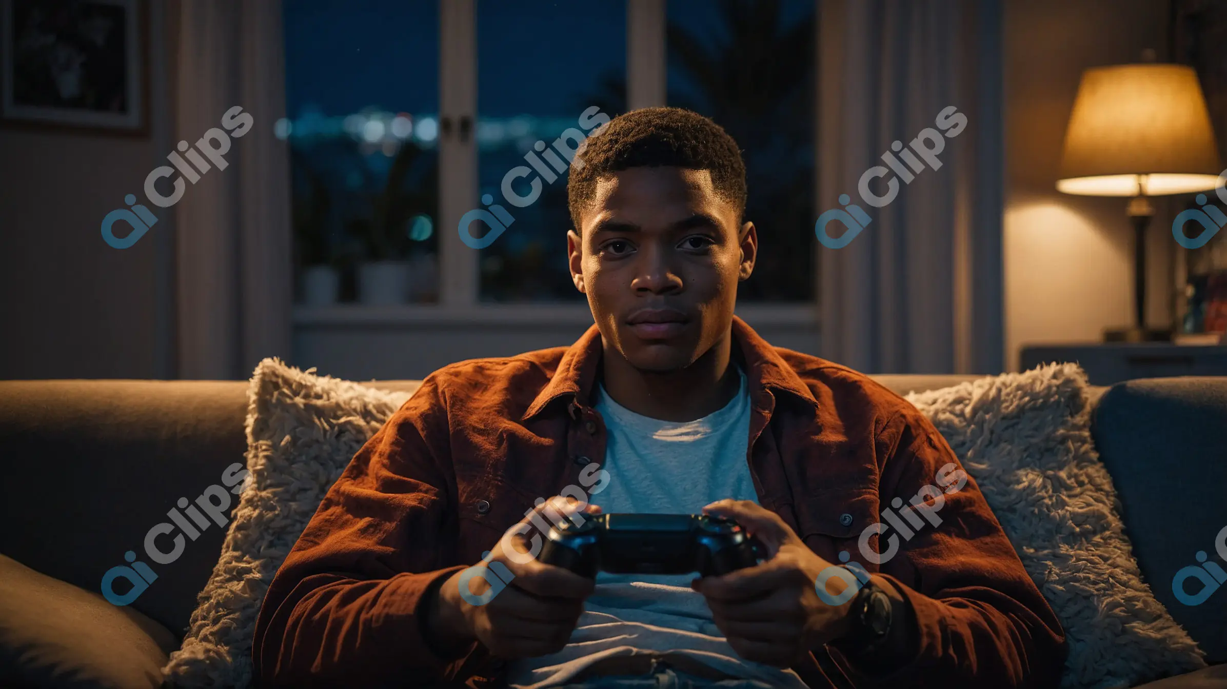 Young Man Gaming at Home - Nighttime Scene