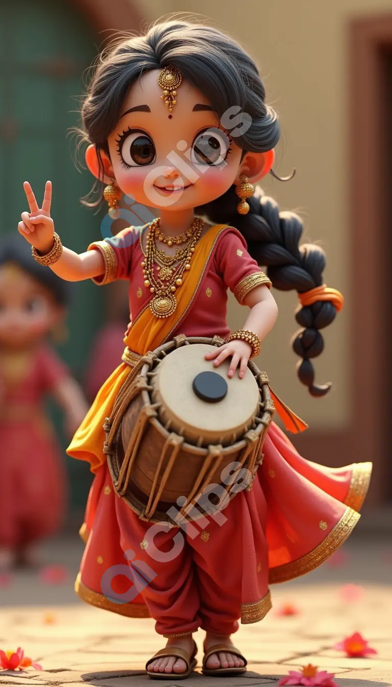 Adorable Indian Cartoon Girl Playing Dholak