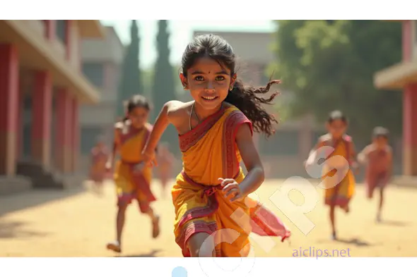 Joyful Indian Girls Running in Schoolyard