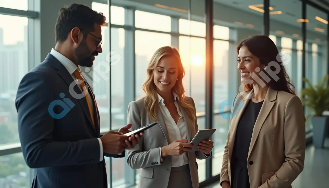 Professionals Networking in a Modern Office at Sunrise