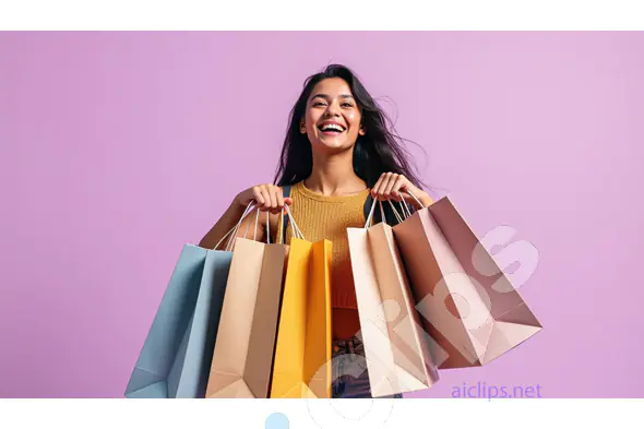 Smiling Woman with Shopping Bags on Pastel Background