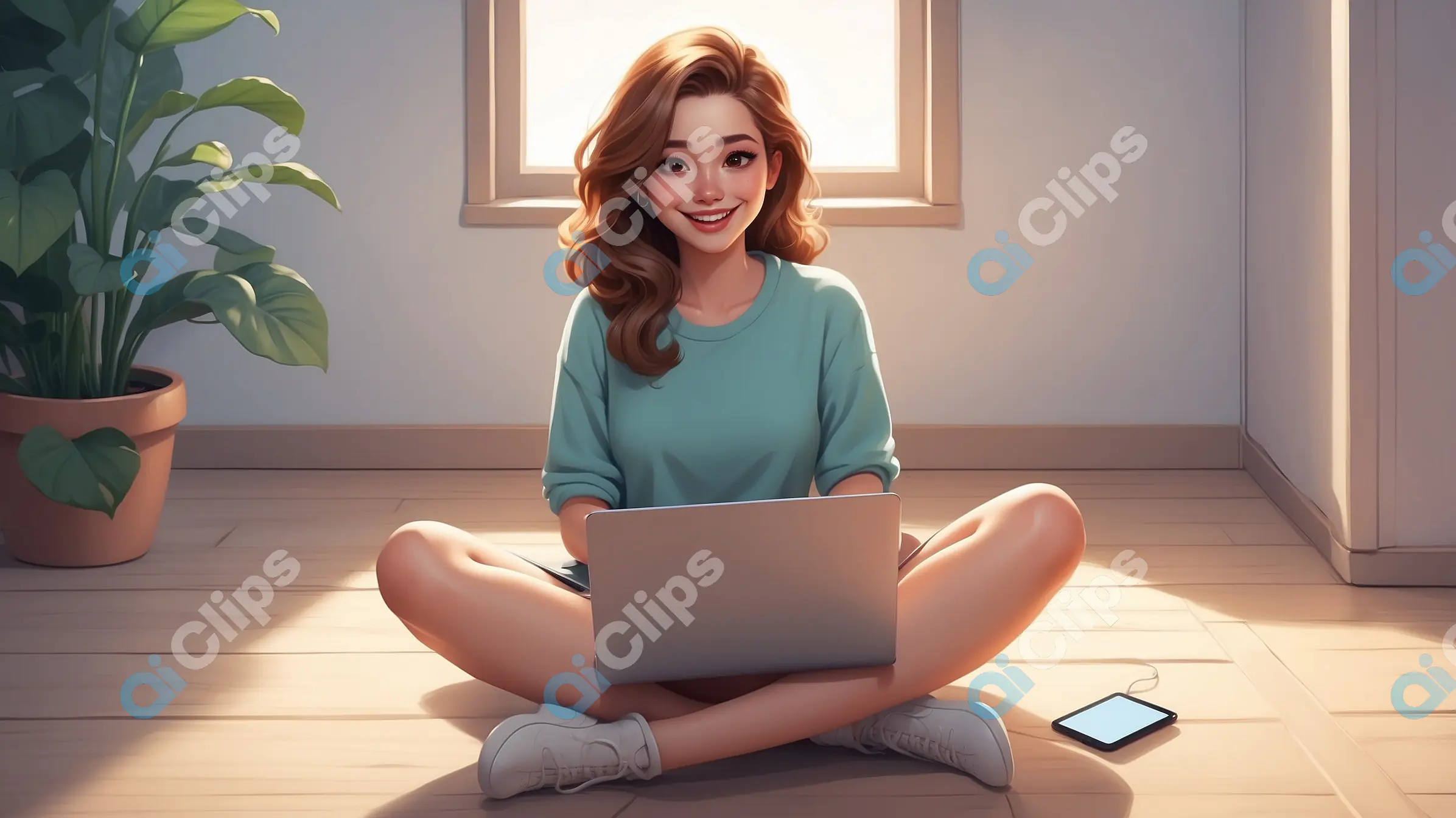 Young Woman Character Working on Laptop Illustration