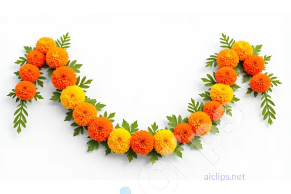 Marigold Flower Garland with Green Leaves on White Background