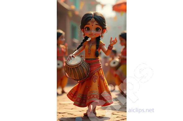 Cute Indian Cartoon Girl in Traditional Dress Playing Dholak
