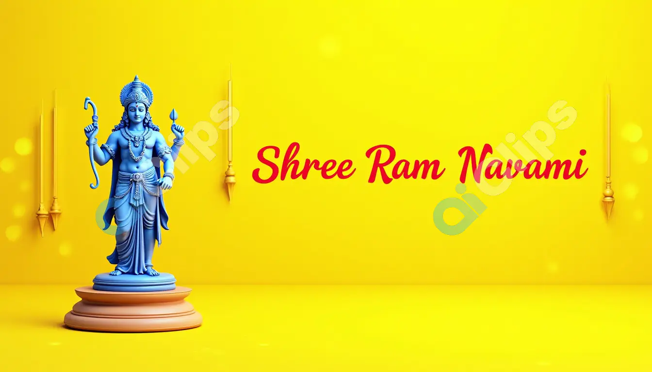 Shree Ram Navami with Blue Lord Rama Statue and Yellow Background
