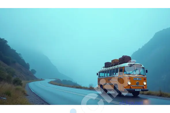 Vintage Bus on a Misty Mountain Road