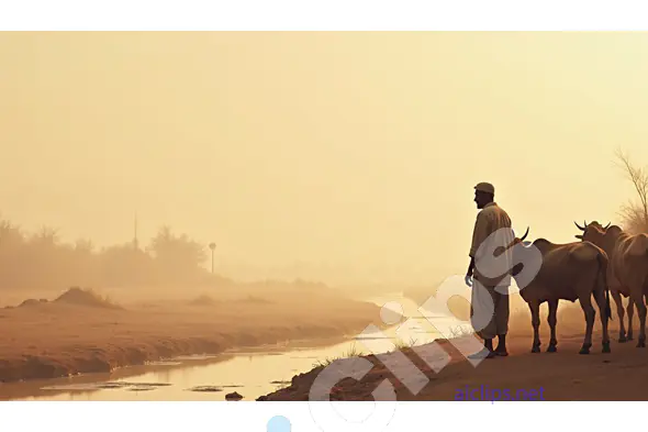 Farmer with Cows by a Tranquil Desert Stream