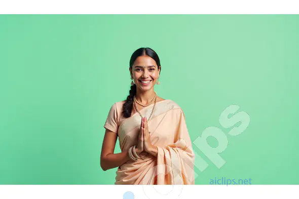 Traditional Indian Woman in Beige Sari - Namaste Gesture
