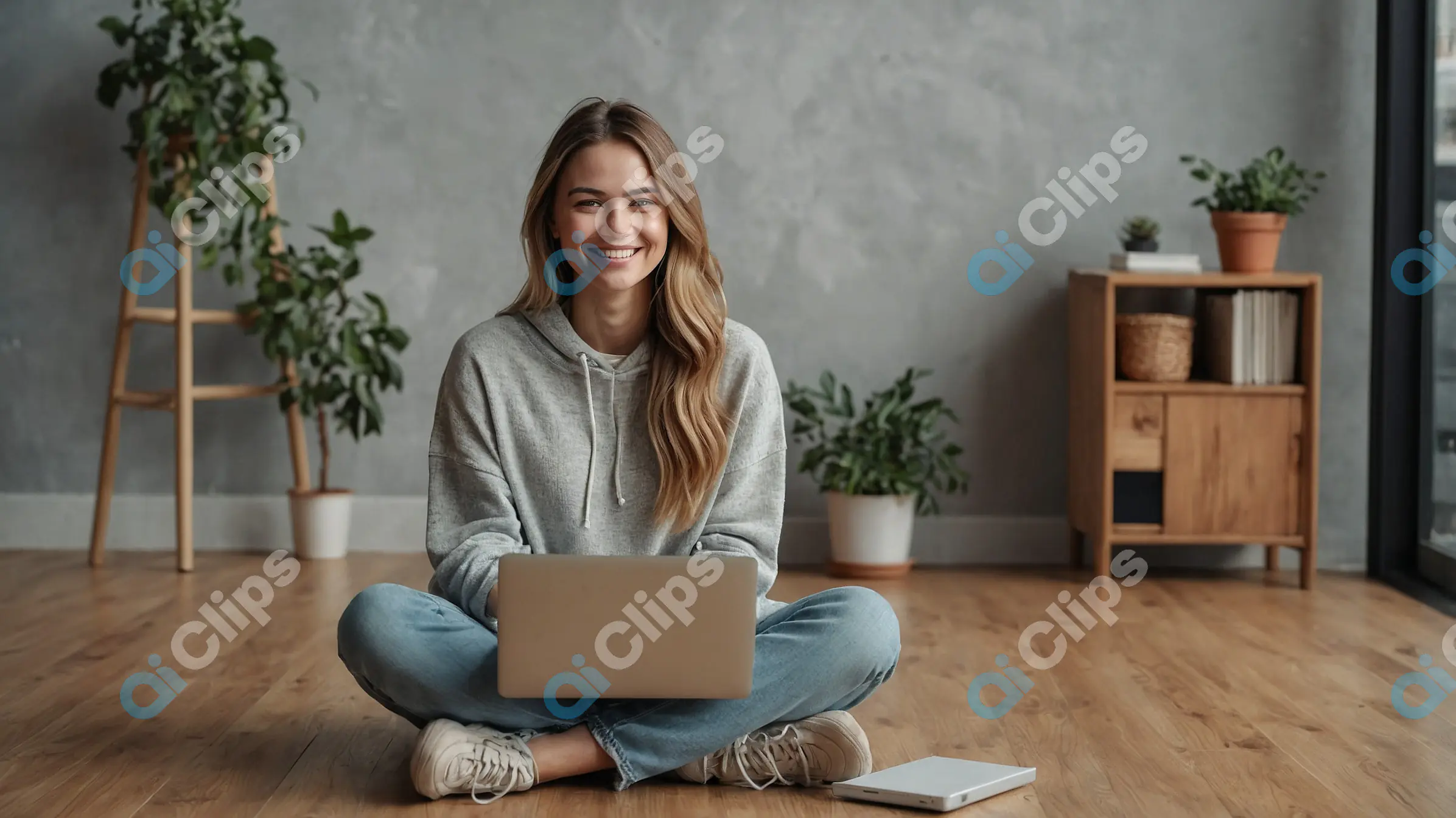 Smiling Woman Working on Laptop in Modern Home Interior