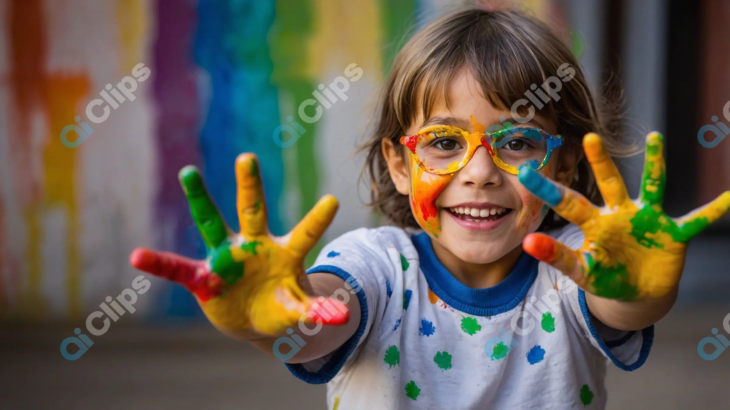 Vibrant Child with Painted Hands - Playful Creativity