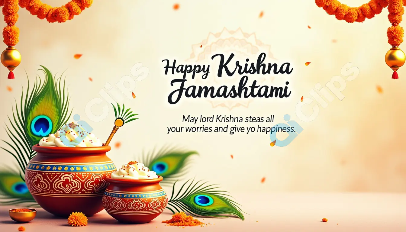 Happy Krishna Janmashtami - Butter Pots with Peacock Feathers and Marigold Garland