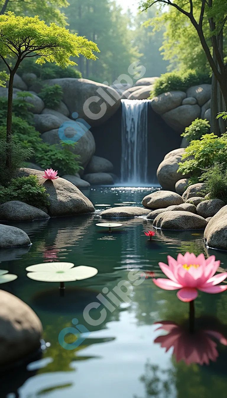 Tranquil Zen Garden with Lotus Flowers and Waterfall