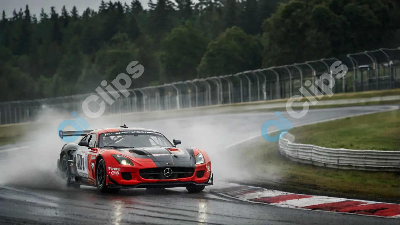 Red Mercedes Race Car on Wet Track