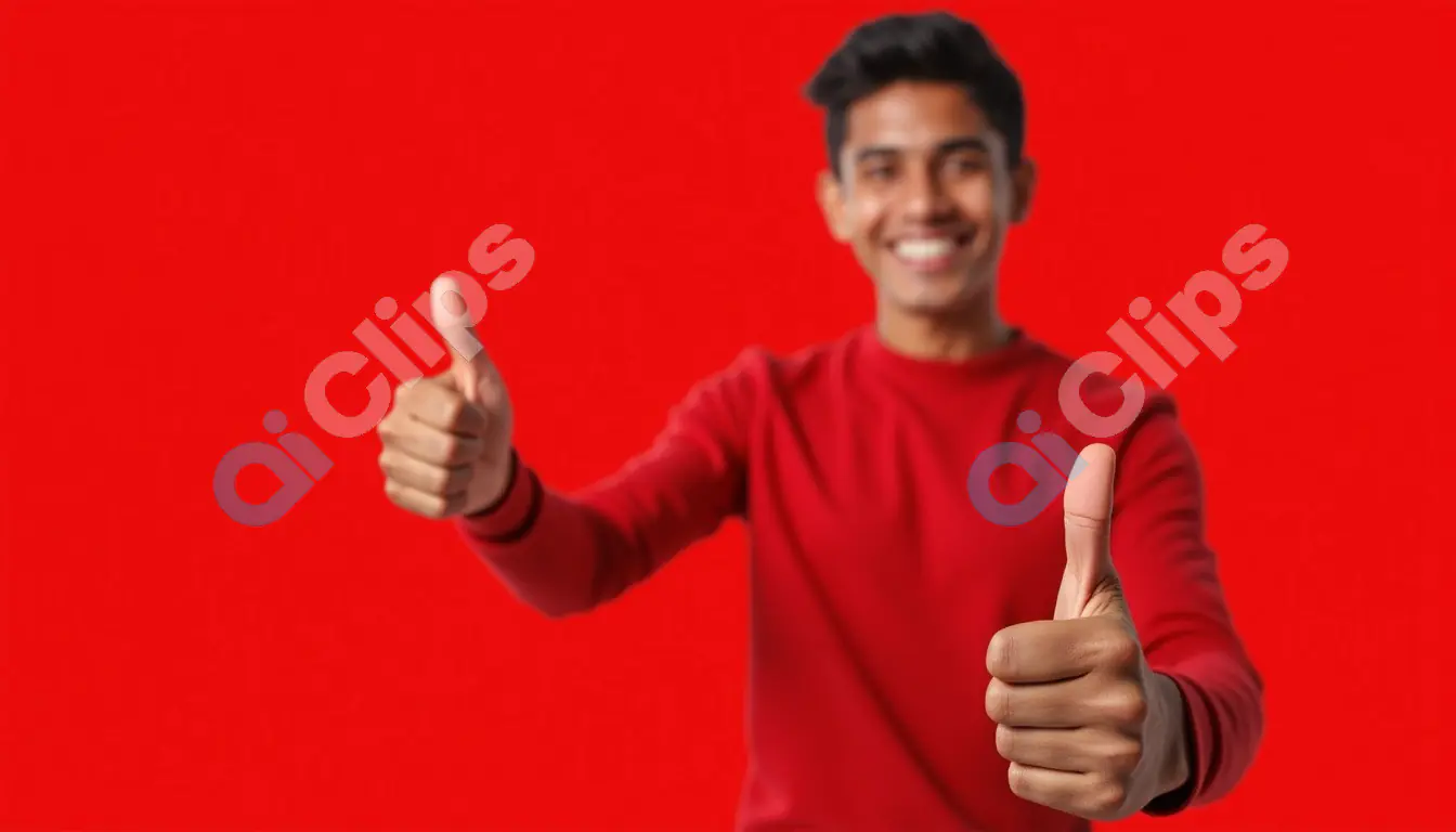 Happy Young Man Giving Thumbs Up on Red Background