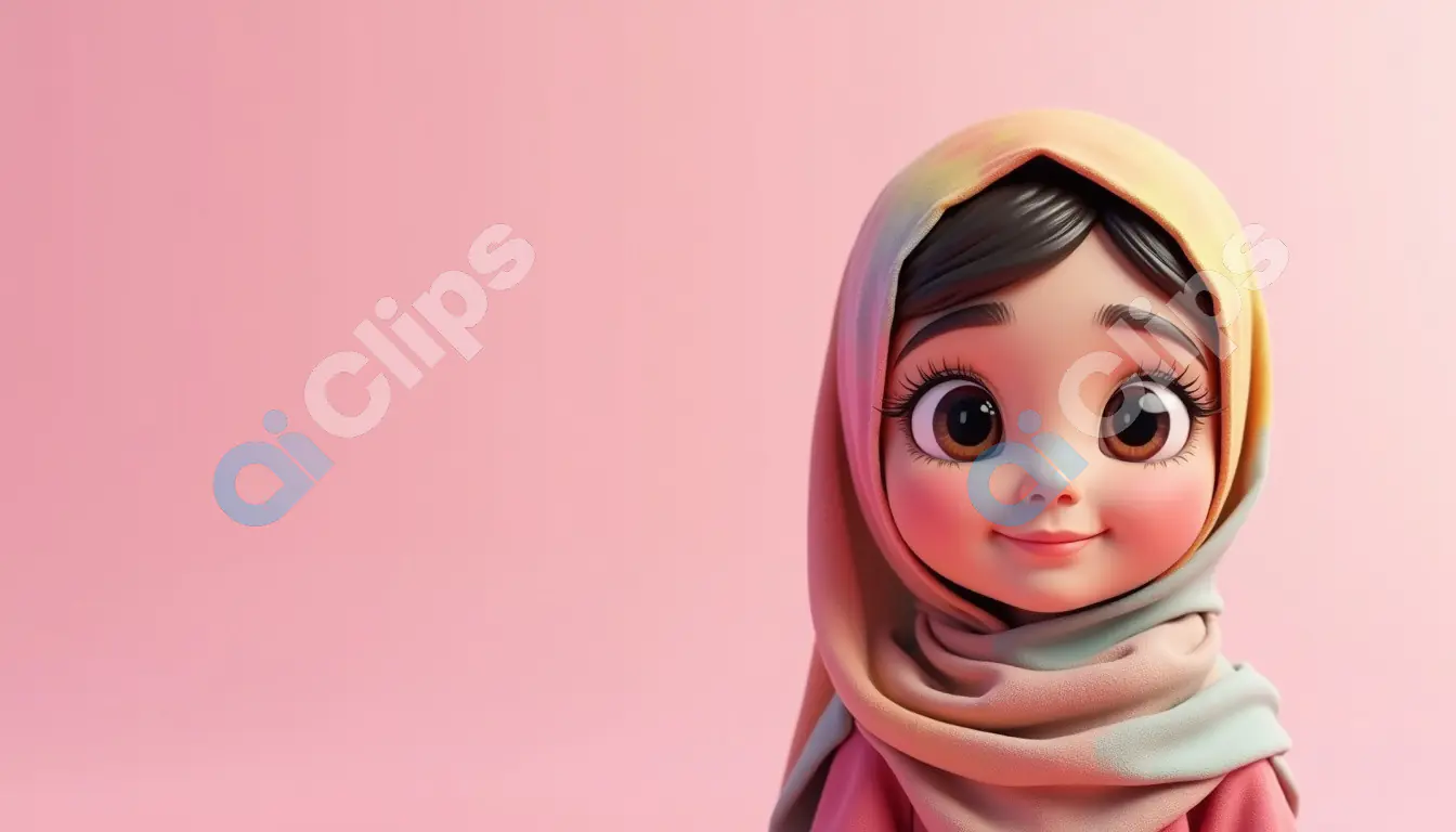 Charming Hijabi Girl - Adorable Cartoon Character with Multicolor Hijab