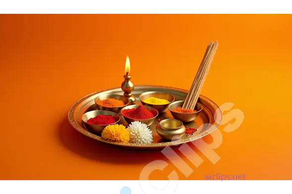Traditional Indian Puja Thali with Incense Sticks and Powders - Bright Orange Background