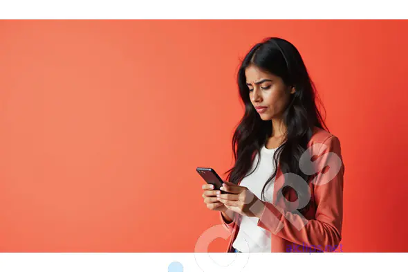 Concerned Woman Checking Smartphone on Coral Background