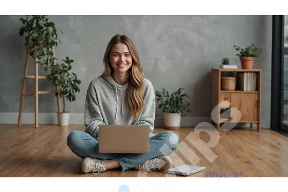 Smiling Woman Working on Laptop in Modern Home Interior