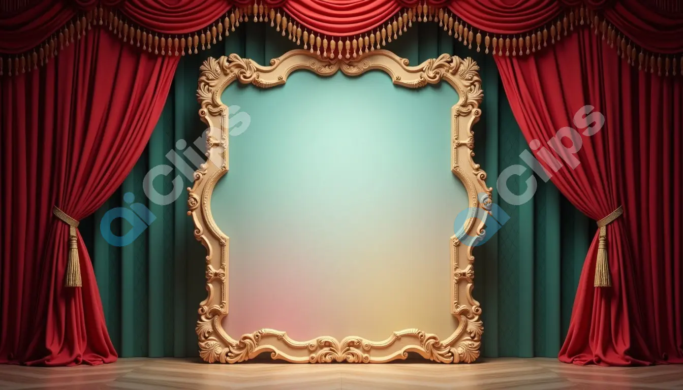 Elegant Theater Stage with Ornate Frame and Red Curtain