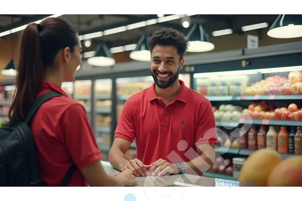 Friendly Interaction at Grocery Store Checkout