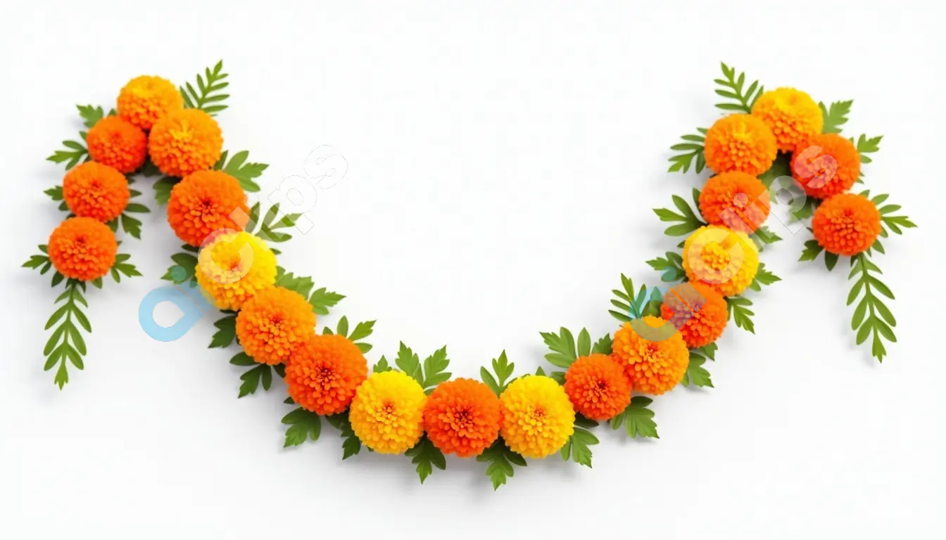 Marigold Flower Garland with Green Leaves on White Background
