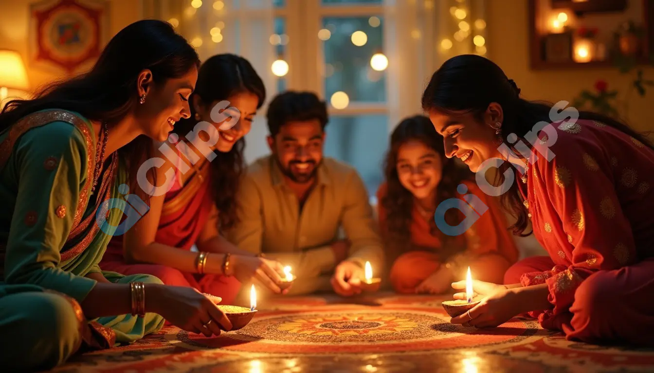 Diwali Family Celebration with Rangoli and Diyas