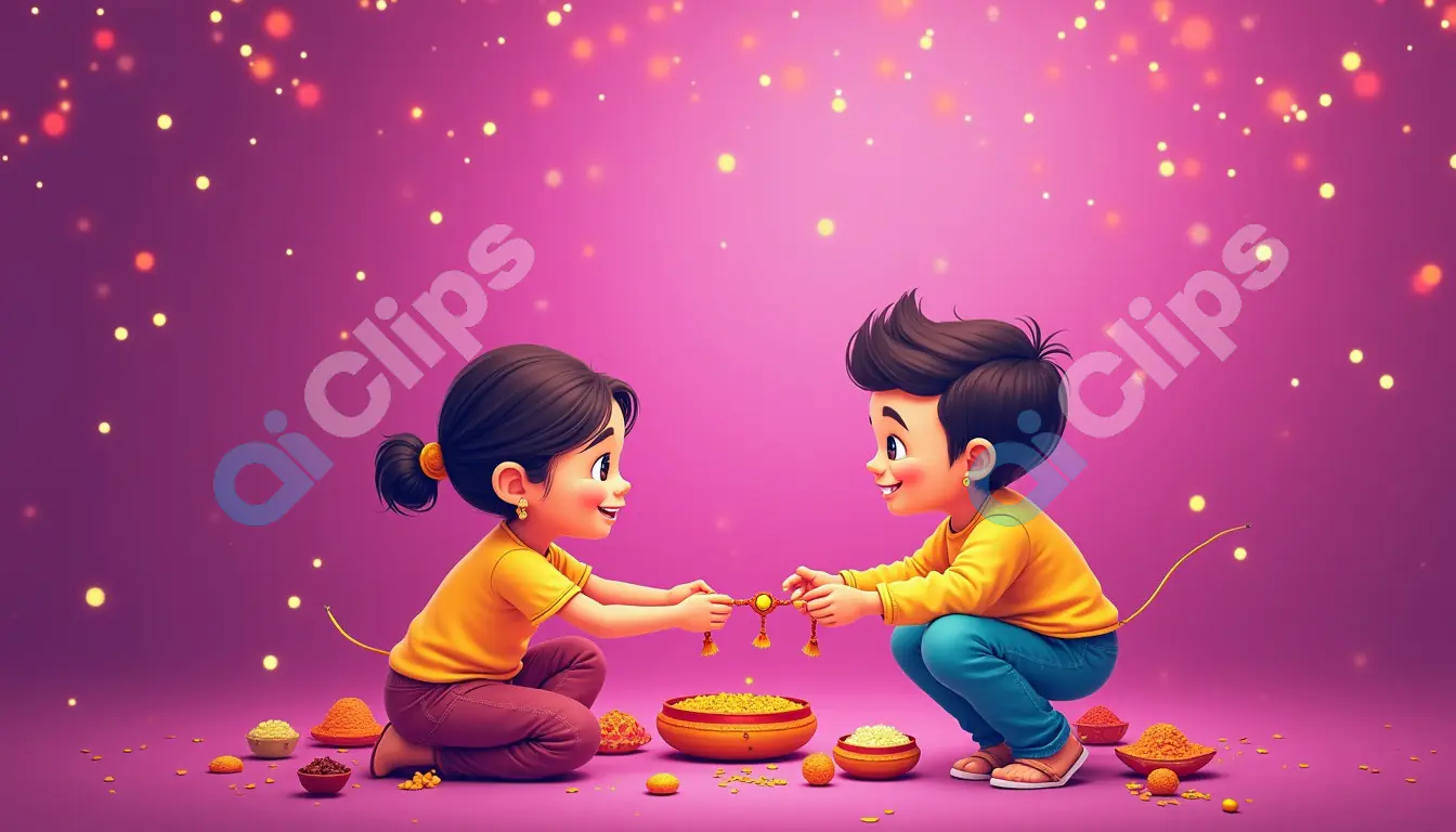 Cartoon Siblings Celebrating Festival with Sweets and Decorations