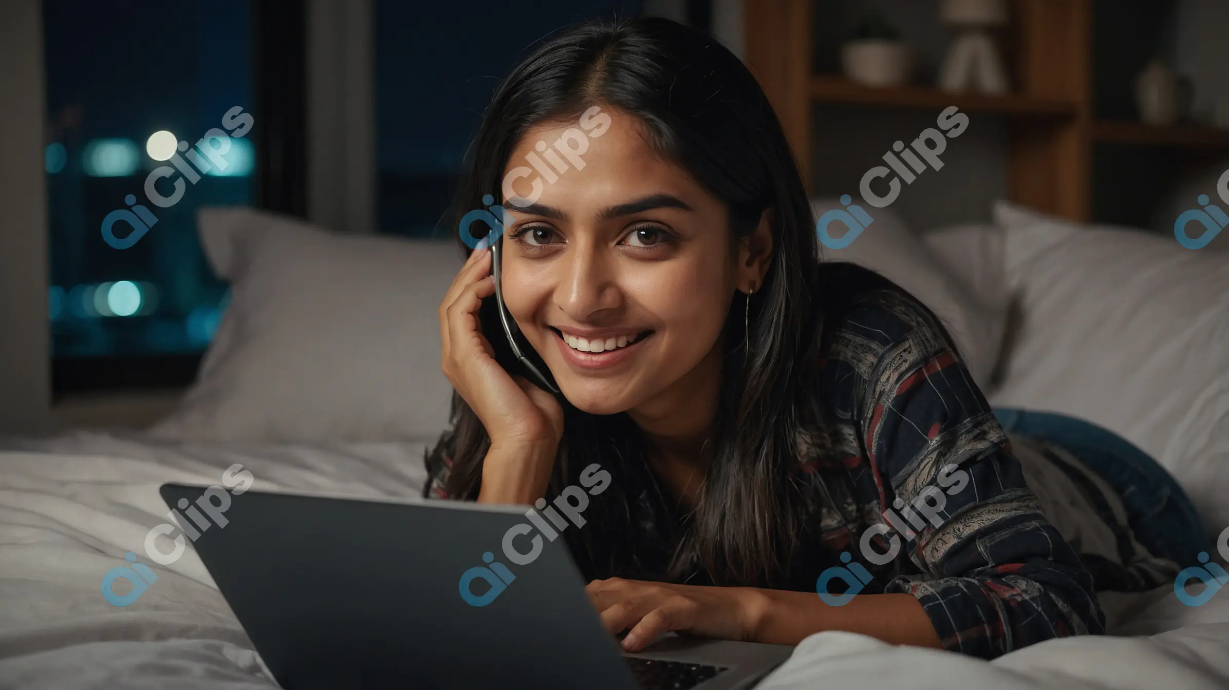 Smiling Indian Woman Using Laptop at Night - Relaxed at Home