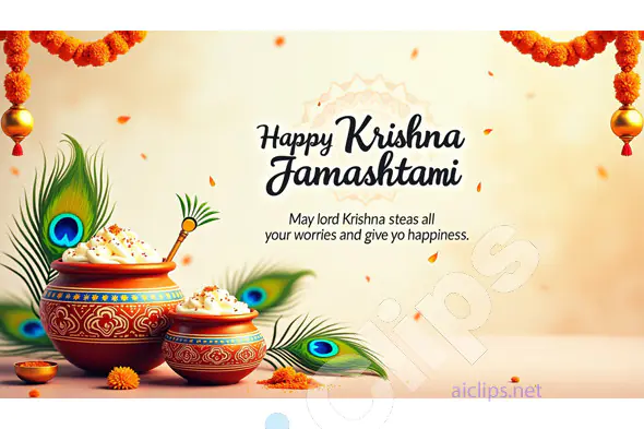 Happy Krishna Janmashtami - Butter Pots with Peacock Feathers and Marigold Garland