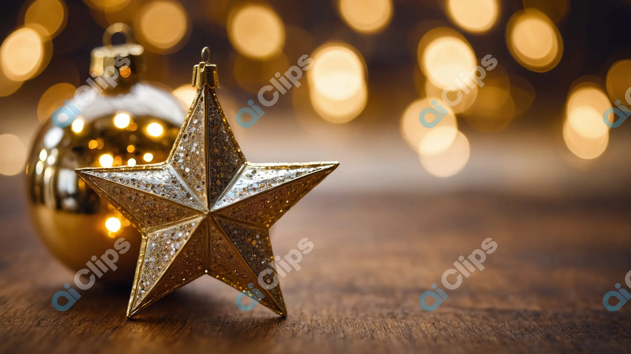 Golden Star and Ornament with Bokeh Lights