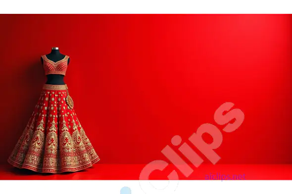 Ornate Red Lehenga on Mannequin Against Rich Red Background